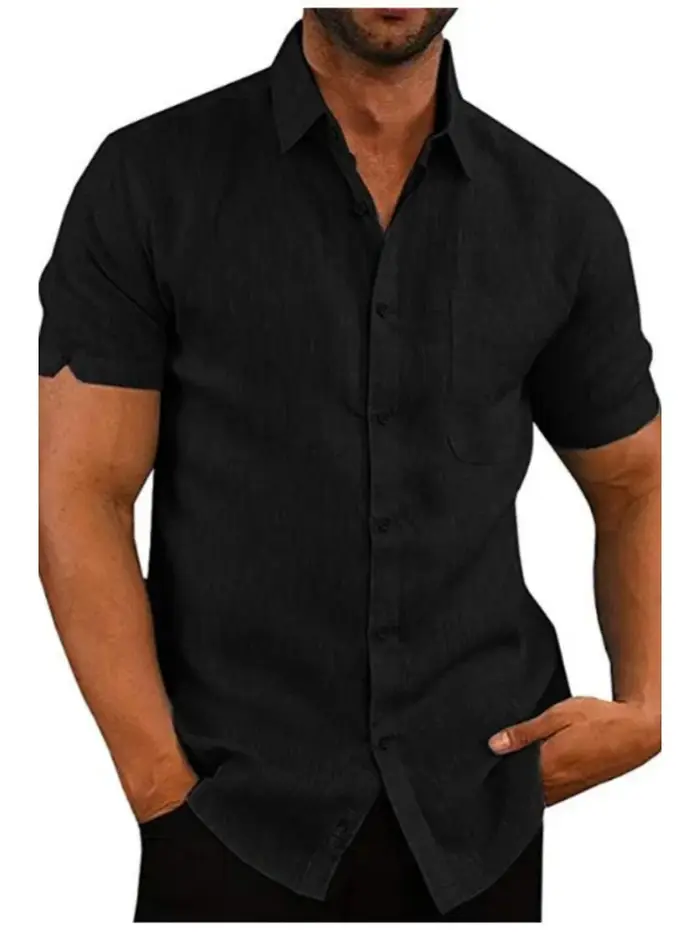 Chemise à manches courtes pour homme en lin mélangé avec poche poitrine
