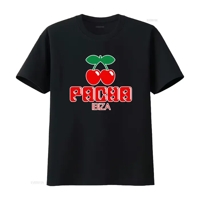 T-shirt Pacha Ibiza Logo Cherry Print pour hommes et femmes, design élégant blanc et noir, streetwea