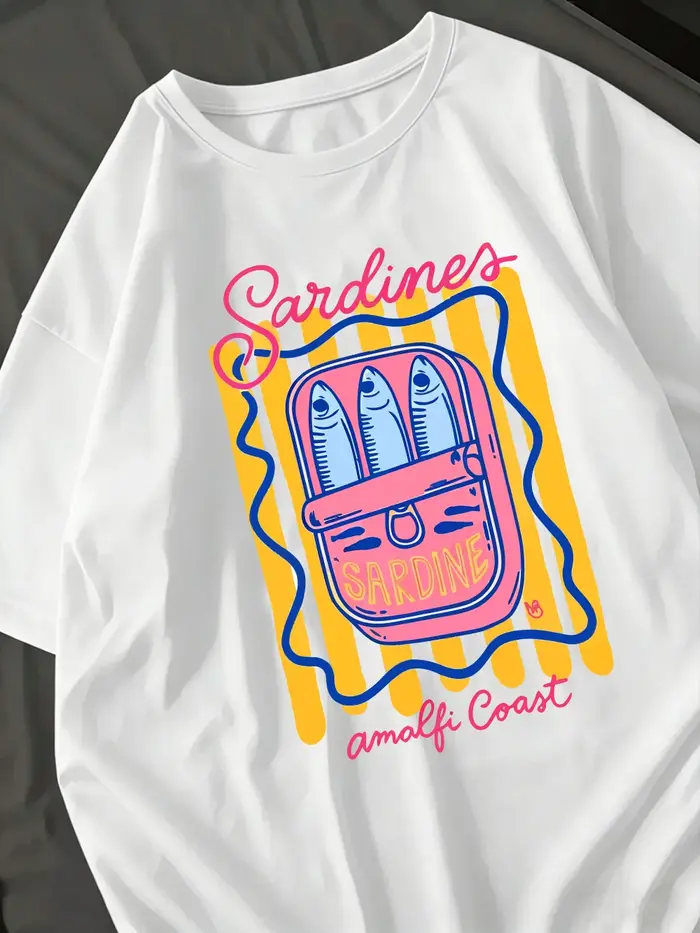 T-shirts en coton imprimés Sardines Amalfi Coast pour femmes, hauts surdimensionnés d'été, col rond,