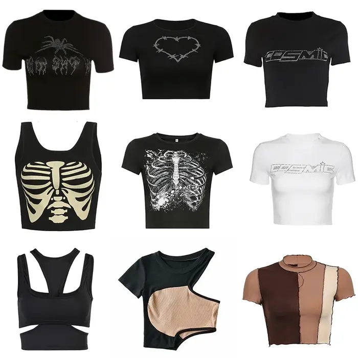 Y2k-T-shirt à Manches Courtes et Col Rond pour Femme, Vêtement d'Été Sexy, Punk, Vintage, Gothique,