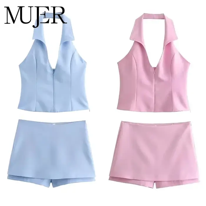 MUJER 2025 bleu rose haut à licou femme épaules nues dos nu