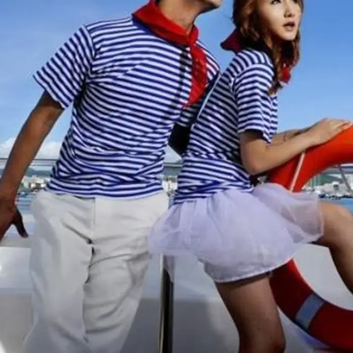 Hommes t-shirts chemise marine bleu et blanc rayé à manches courtes sport