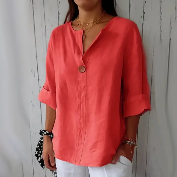 Blouse décontractée pour femme 2026 – Nouveau T-shirt ample d'été en coton et lin à col en V avec boutons – Vêtements féminins