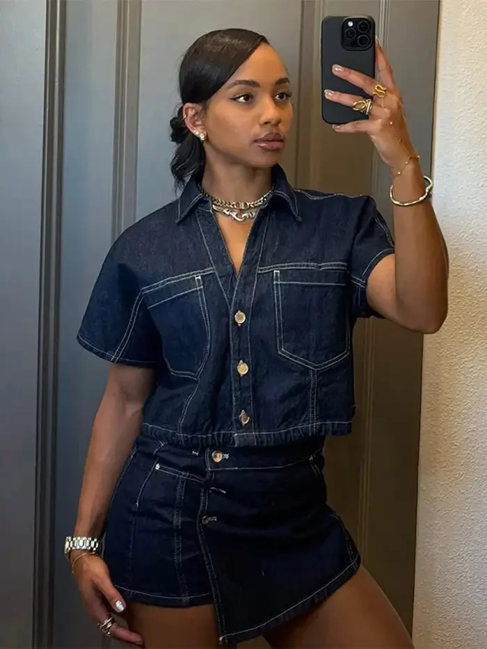 Ensembles de shorts en jean chics pour femmes ou chemises à manches courtes amples à col en V boutonnées ou t-shirts