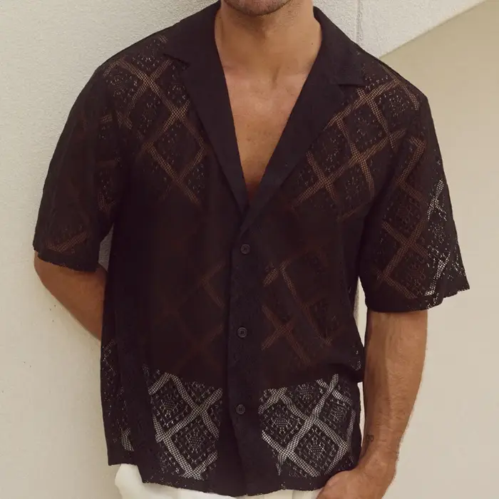 Chemise d'été Cool pour hommes, tricoté, ajouré, dessus respirant, mode, manches courtes, revers, ch