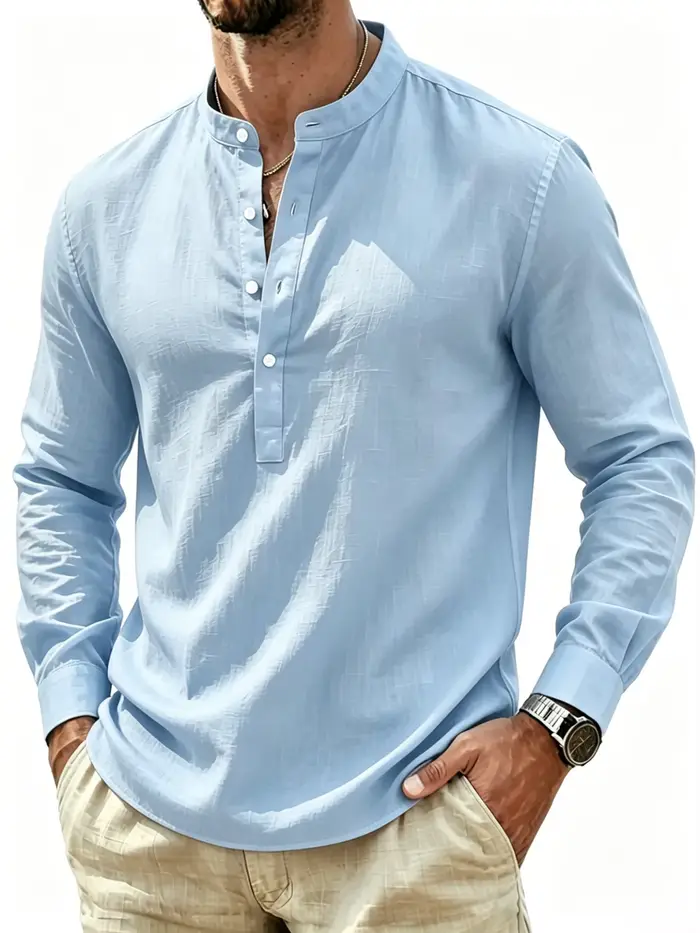 Chemise à col Henley à manches longues pour homme, légère, respirante, style lin décontracté, chemis