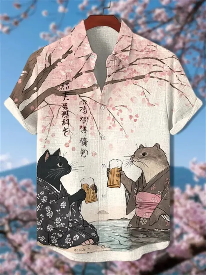 Chemise à manches courtes pour hommes vêtements en lin haut rétro illustration prune