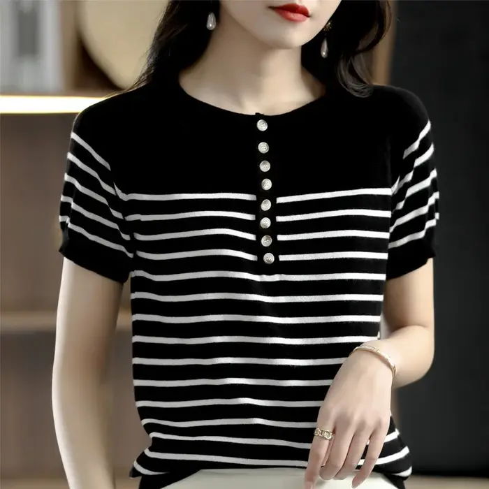 T-shirt 100% coton pour femmes, tricoté à rayures, manches courtes, décontracté, col rond, hauts bas