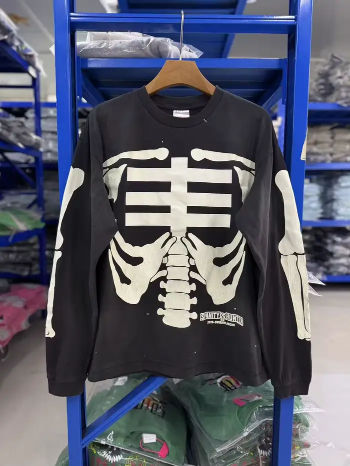 T-shirt unisexe à manches longues avec motif crâne lumineux, effet délavé, qualité supérieure, colle