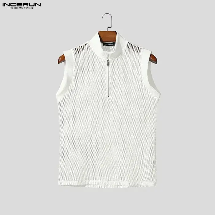 INCERUN Débardeurs Homme Évidés Transparents Été Streetwear Sexy Fermeture Éclair 2026 Tops Tendance Vêtements