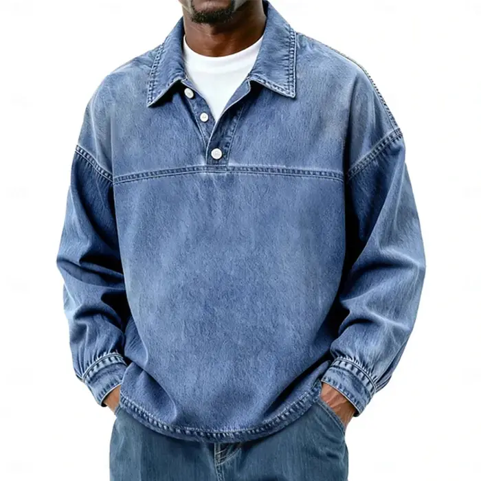 Chemises Polo Vintage à Revers pour Hommes, Chemises en Jean Unies Tendance Coupe Ample, Pulls Respi