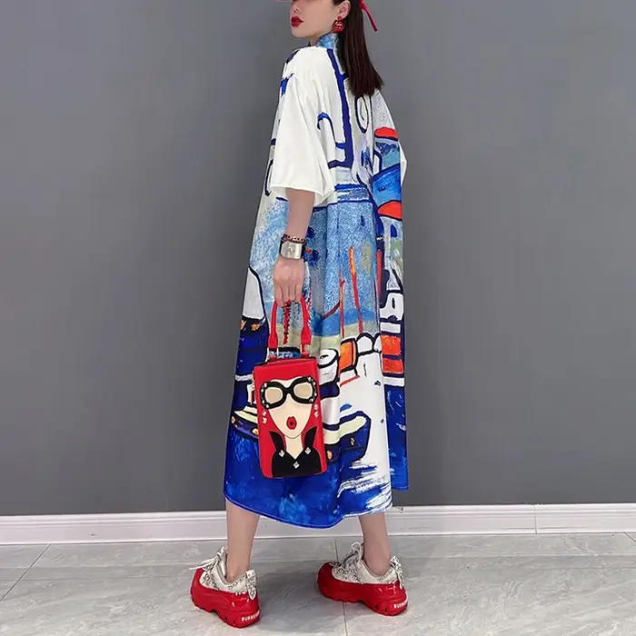 Demi manches coupe ample marée grande taille femme nouveau 2023 été chemise décontractée Robe Style japonais bleu noir