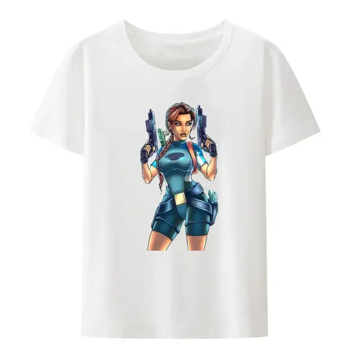 Tomb Raider Lara Croft noir blanc imprimé t-shirt hommes femmes à manches courtes col rond mode Streetwear créatif populaire Hipster chemise