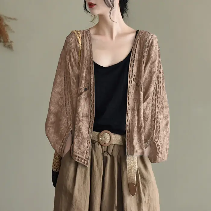 Cardigan pour femmes, haut en maille ajourée d'été