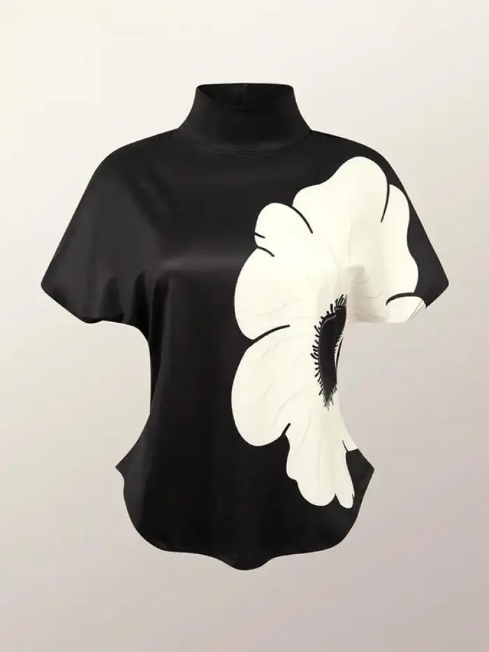 Yeezzi 2024 nouveautés été manches courtes imprimé fleuri bases T-Shirt femmes mode coupe ajustée col haut décontracté hauts