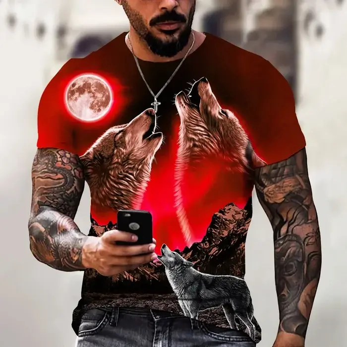 2025 loup T-shirt pour hommes imprimé Animal à manches courtes haut 3D décontracté rue homme T-shirt surdimensionné T-shirt hommes Vintage vêtements
