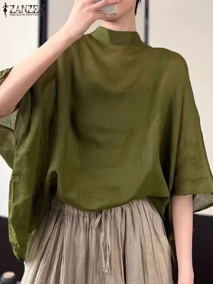 ZANZEA femmes 3/4 manches chauve-souris Blouse surdimensionné asymétrique hauts 2024 été col montant tunique