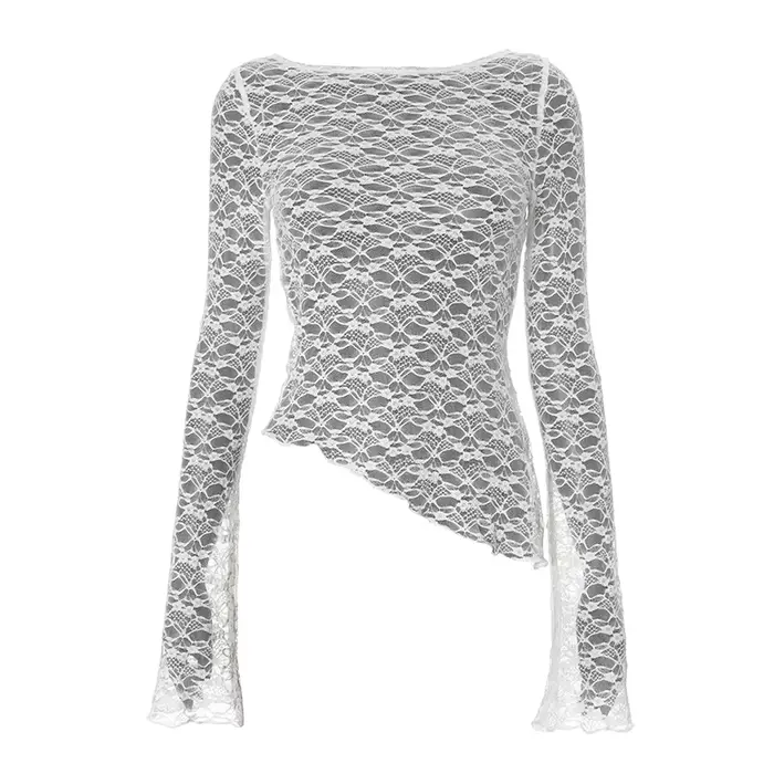 2025 printemps et été femmes nouveau couleur unie dentelle ourlet incliné Sexy à manches longues T-S