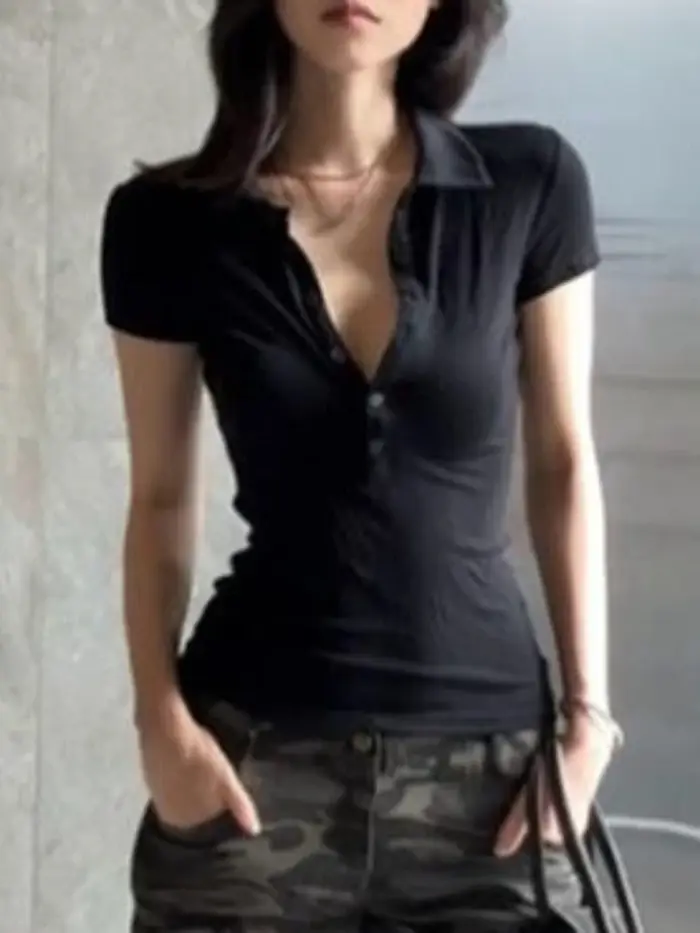 T-shirt Y2K pour femme, style américain vintage, sexy, polyvalent, à manches courtes, avec boutons,