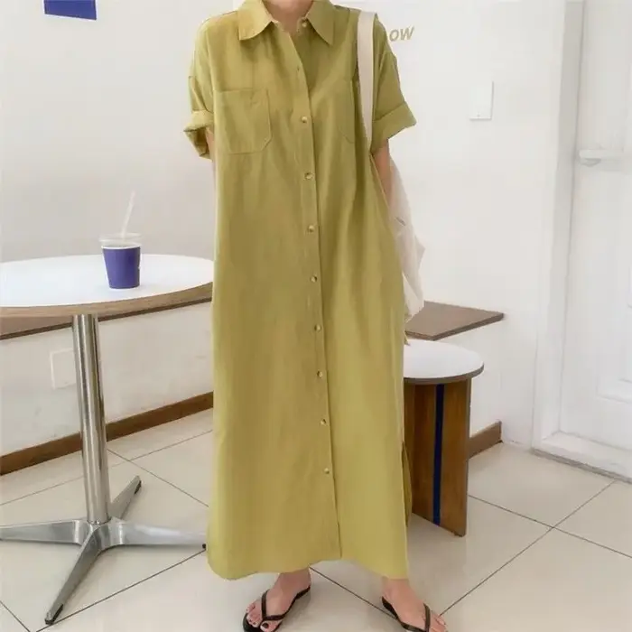 Robe chemise pour femme, idéale pour le quotidien, été, manches longues ou courtes, longueur genou, jupe longue