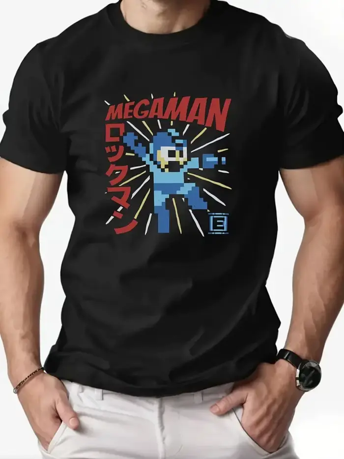T-shirt graphique Megaman rétro pour hommes, bleu marine, décontracté, à manches courtes, avec motif