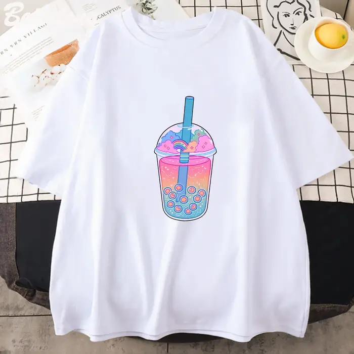 Boba Tea – T-shirt noir à manches courtes pour femme