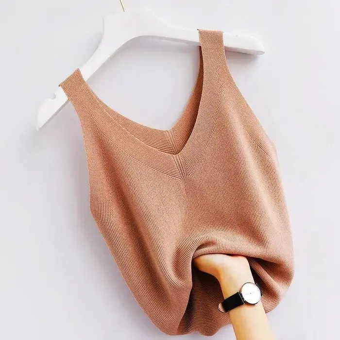 Tricot Vintage débardeur col en v sans manches esthétique ample vêtements d'été pour les femmes solide basique élégant