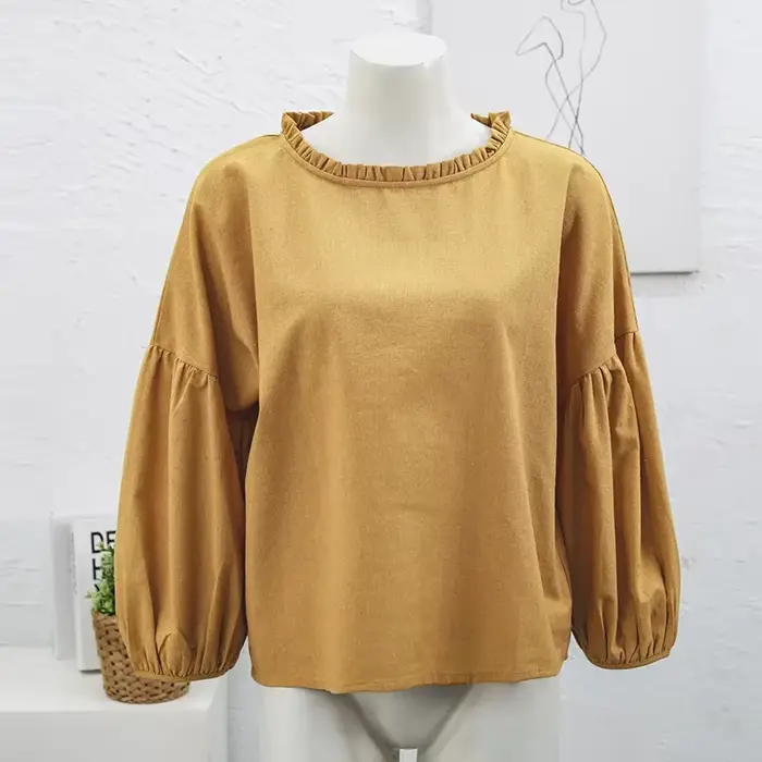 T-Shirt en Lin Rétro pour Femme, Décontracté, Col Rond, à Volants, Manches sulf, Printemps Automne