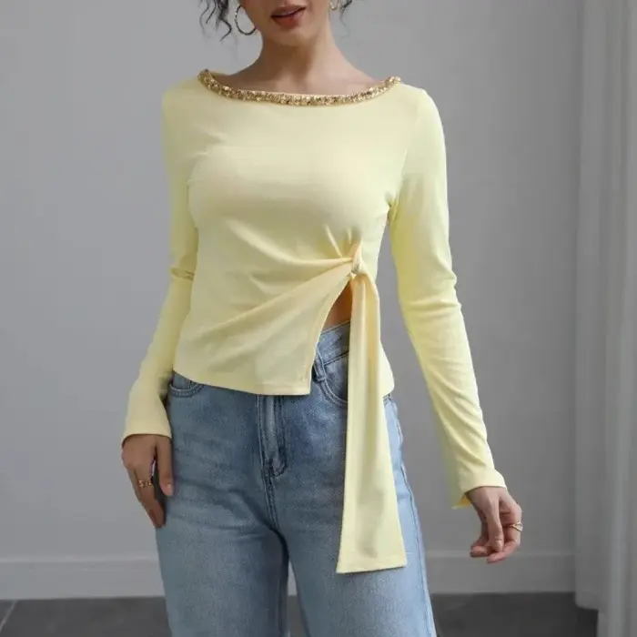 2025 femmes haut à paillettes cravate taille ourlet irrégulier moulante ajusté T-Shirt décontracté fête Blouse automne glamour Streetwear