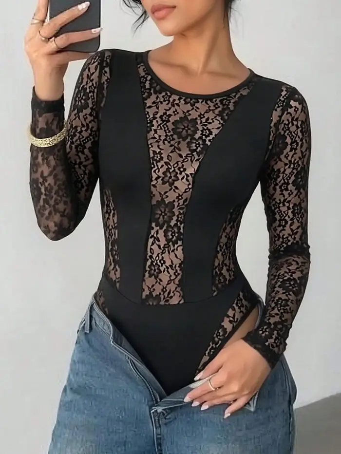 Body en dentelle à manches longues et col rond pour femme, chemisier élégant pour le bureau