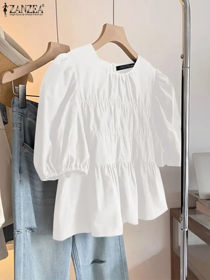 ZANZEA femmes chemisier à volants à manches courtes été hauts 2025 décontracté couleur unie tunique femme col rond plissé Blusas surdimensionné
