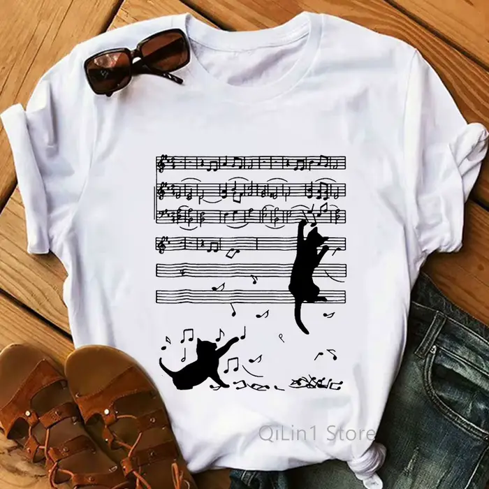 T-shirt manches courtes femme, estival et décontracté, humoristique, avec note de musique, chat noir