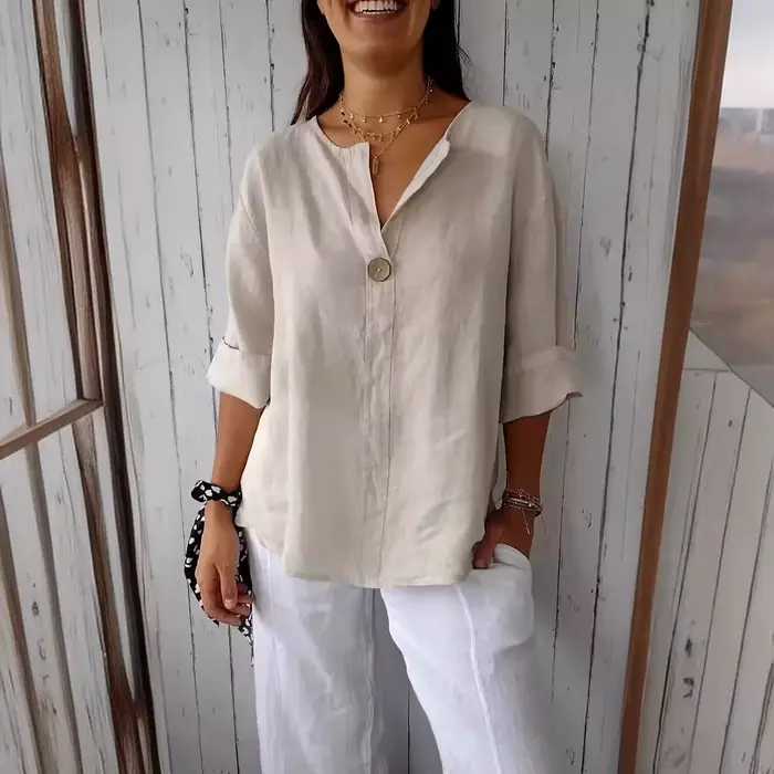 Lâche coton lin boutonné col en V t-shirt femmes été nouveau Style transfrontalier haut décontracté