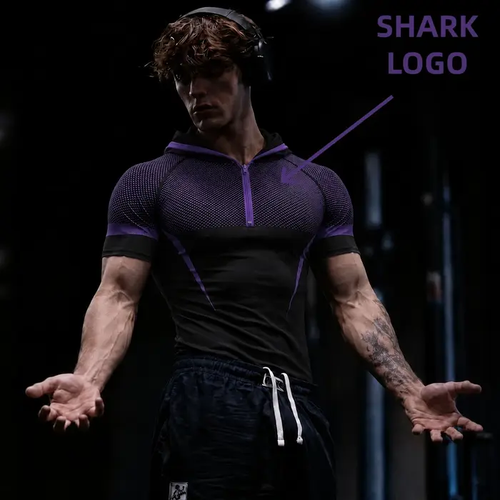 T-shirt à capuche GYM ONYX V5, combinaison de fitness avec logo en silicone SHARK, haut d'entraînement pour sports de plein air, haut à capuche à manches courtes pour la course à pied et le fitness